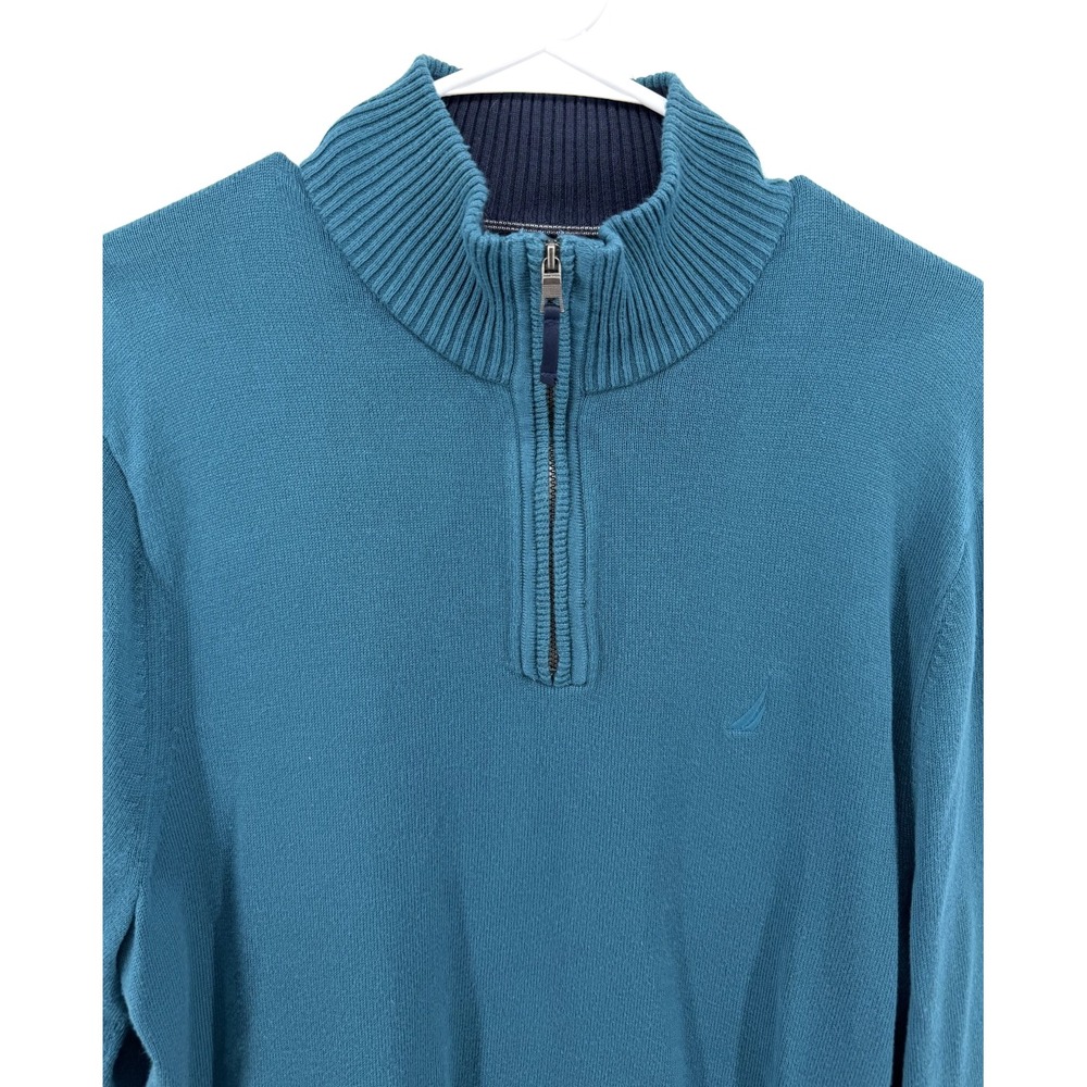 Nautica 1/4 Zip Coral Blue Teal Sweater Knit Pullover Mock Soft Cotton Men L EUC